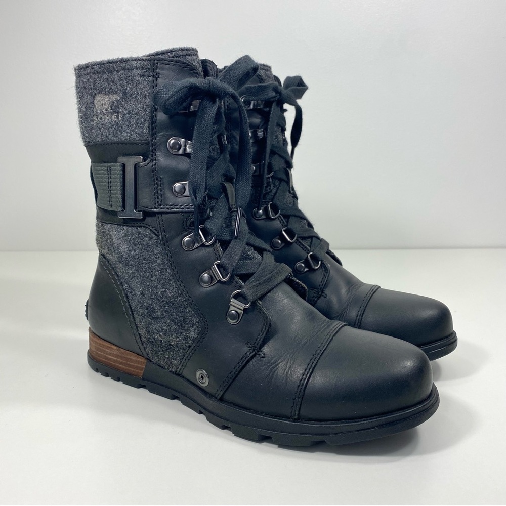 Sorel Major Carly Black Leather Gray Wool Zip Lace Up Rugged Moto Combat Boots 7
